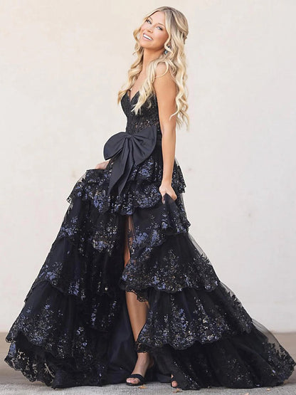 Sweetheart Lace Appliques Ruffle Long Formal Gown