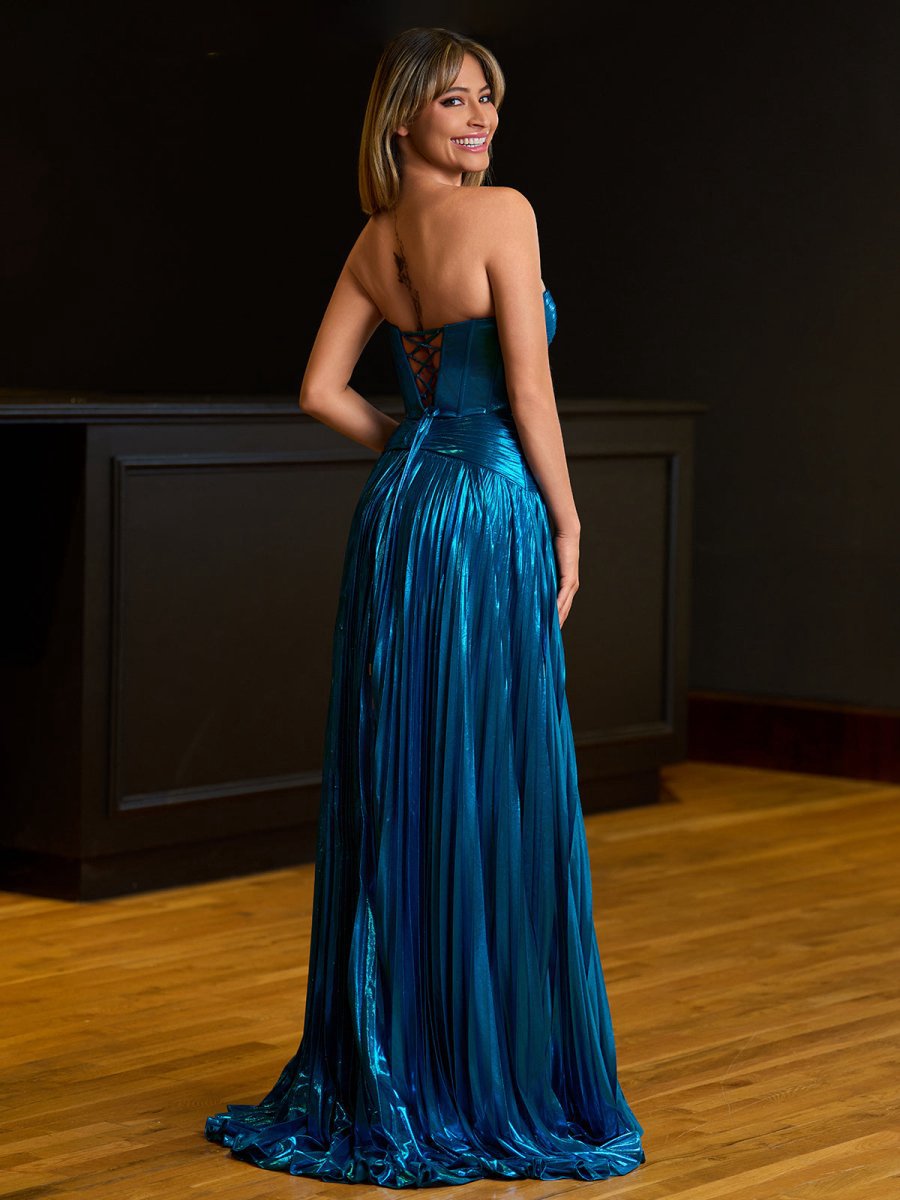 Sweetheart Metallic Pleated Long Formal Dresses with Slit