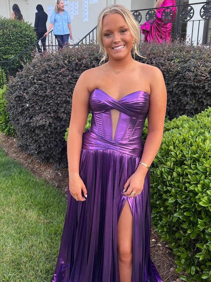 Sweetheart Metallic Pleated Long Formal Dresses with Slit