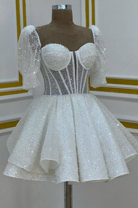 Sweetheart Sequin Short Homecoming Dresses with Puff Sleeves