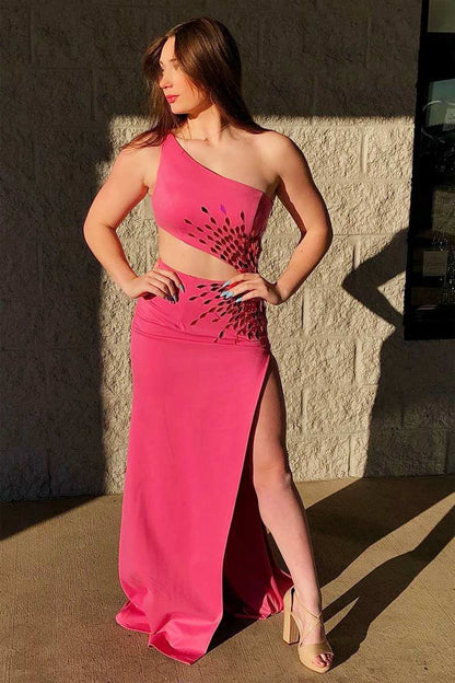 One Shoulder Cut Glass Mirror Long Prom Dresses with Slit