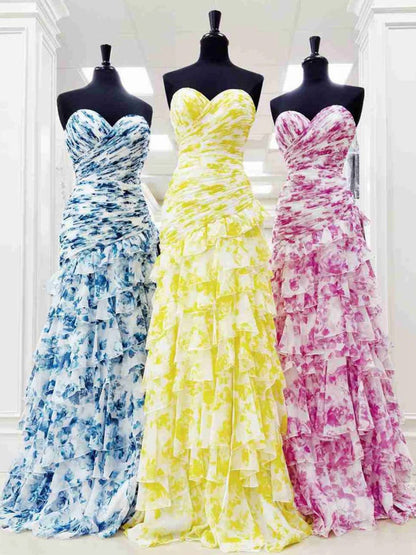 Mermaid Sweetheart Printed Chiffon Long Prom Dresses with Slit