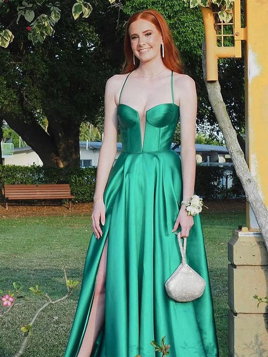 A-line Sweetheart Satin Long Prom Dresses with Slit