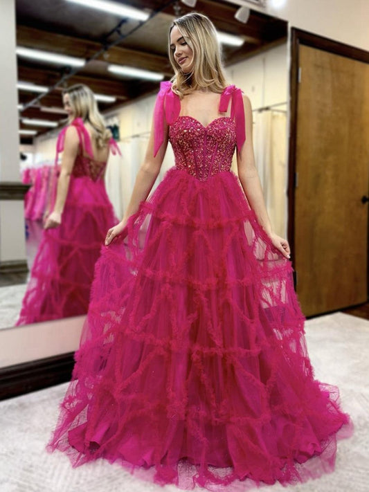 A-line Sweetheart Tie Tulle Long Prom Dresses