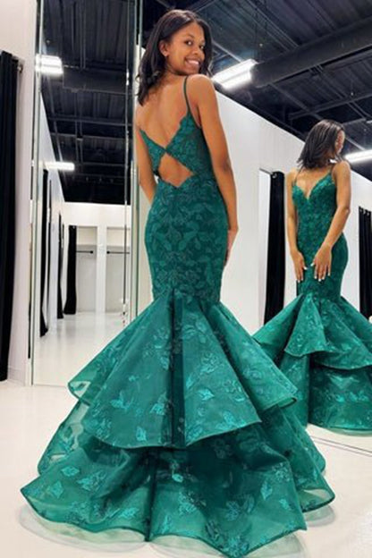 V-Neck Lace Applique Layered Mermaid Prom Dresses