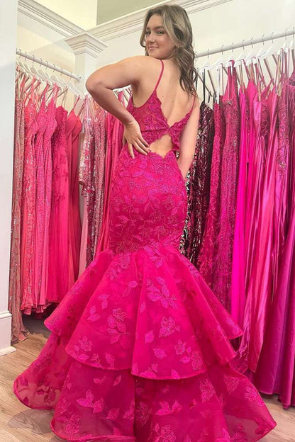 V-Neck Lace Applique Layered Mermaid Prom Dresses