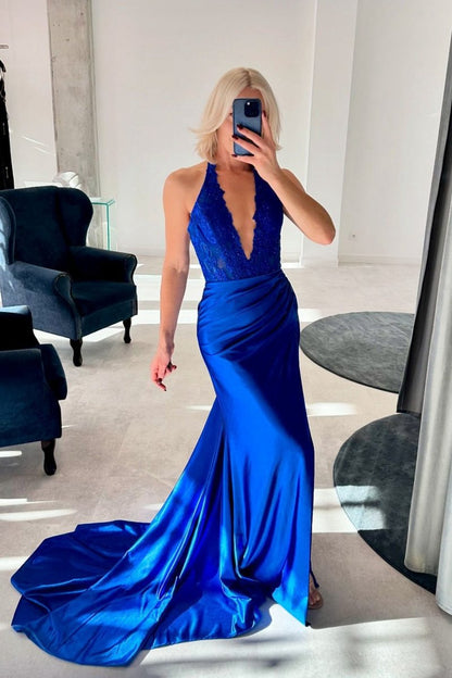 Lace Applique Satin High Slit Mermaid Prom Dresses