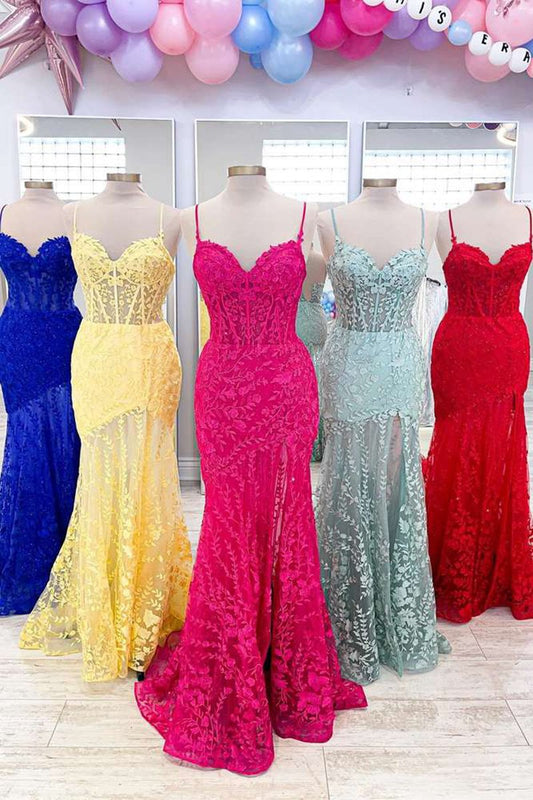 Lace Applique Long Mermaid Dresses with Slit