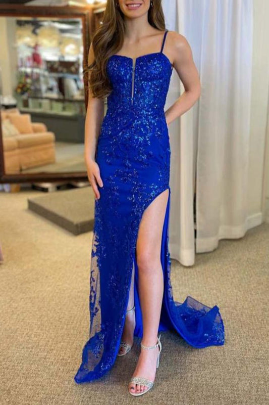 Plunging Neck Sweep Train Lace Prom Dresses