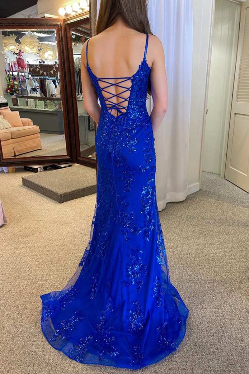 Plunging Neck Sweep Train Lace Prom Dresses