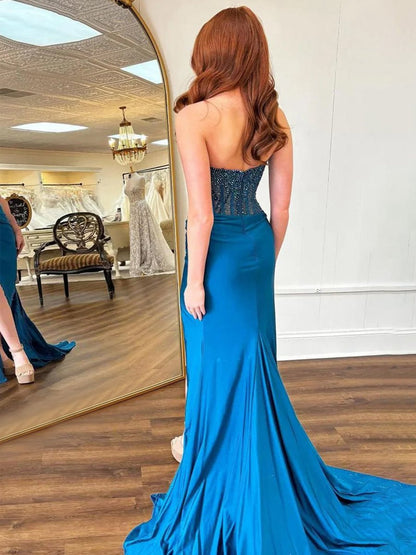 Mermaid Scoop Neck Satin Long Prom Dresses