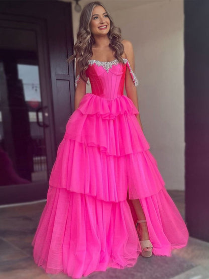 A-line Off the Shoulder Tulle Long Prom Dresses with Beading