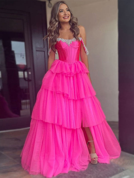 A-line Off the Shoulder Tulle Long Prom Dresses with Beading