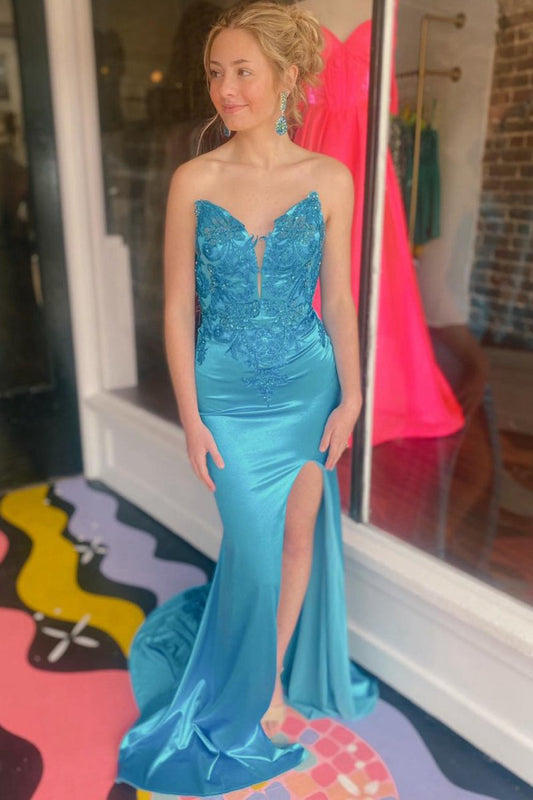 Mermaid V Neck Satin Mermaid Prom Dresses with Slit