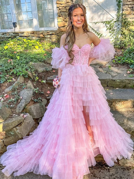 A-line Sweetheart Tie Tulle Prom Dresses with Slit
