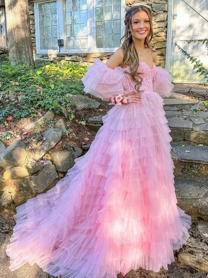 A-line Sweetheart Tie Tulle Prom Dresses with Slit
