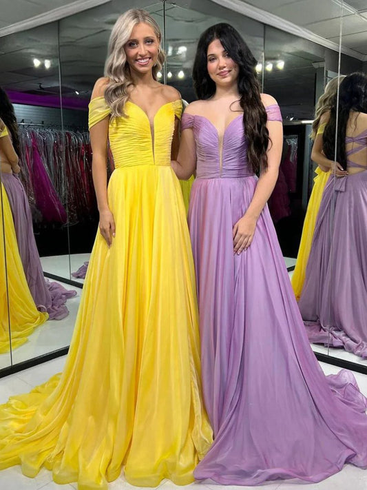 A-line Off the Shoulder Chiffon Long Prom Dresses