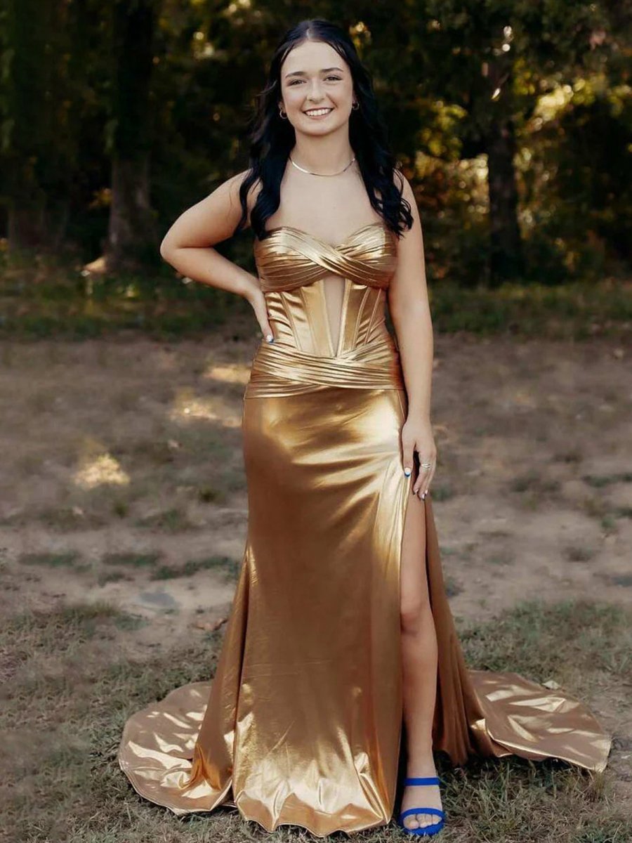 Mermaid Sweetheart Metallic Long Prom Dresses with Slit