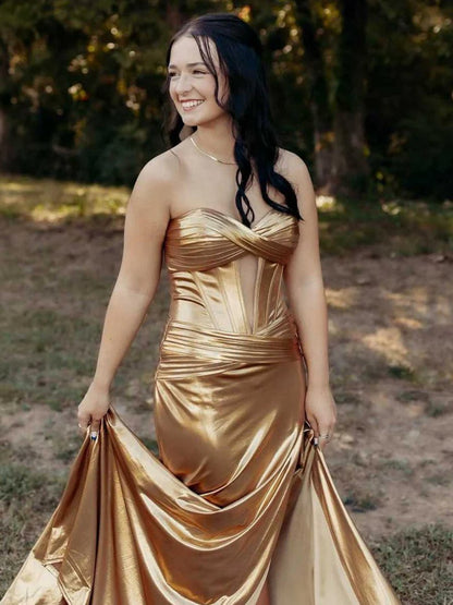 Mermaid Sweetheart Metallic Long Prom Dresses with Slit