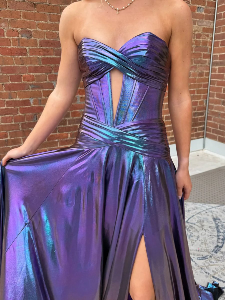 Mermaid Sweetheart Metallic Long Prom Dresses with Slit