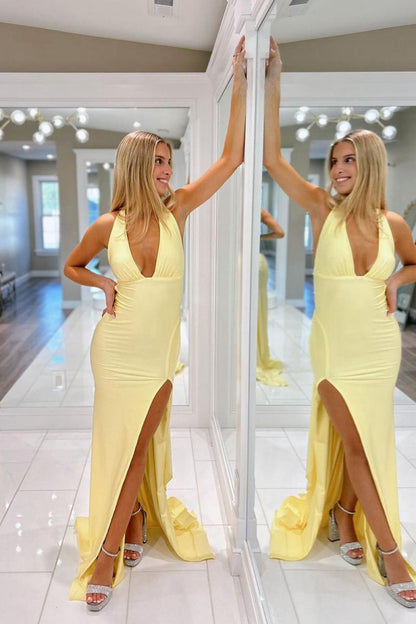 Mermaid Deep V Neck Satin Long Prom Dresses with Slit