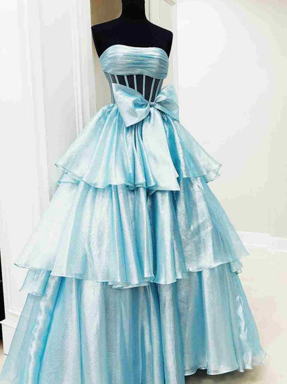 Ball Gown Strapless Organza Long Prom Dresses with Bow