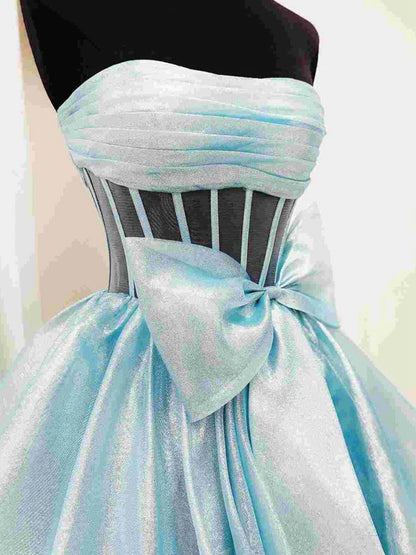 Ball Gown Strapless Organza Long Prom Dresses with Bow