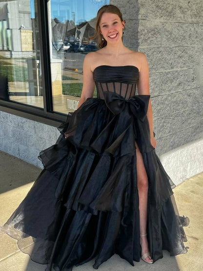 Ball Gown Strapless Organza Long Prom Dresses with Bow