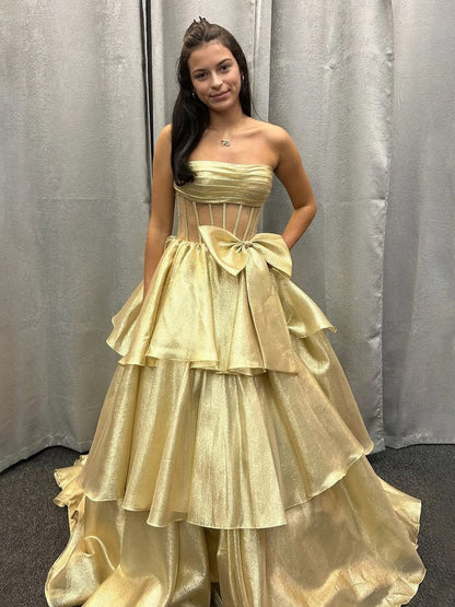 Ball Gown Strapless Organza Long Prom Dresses with Bow