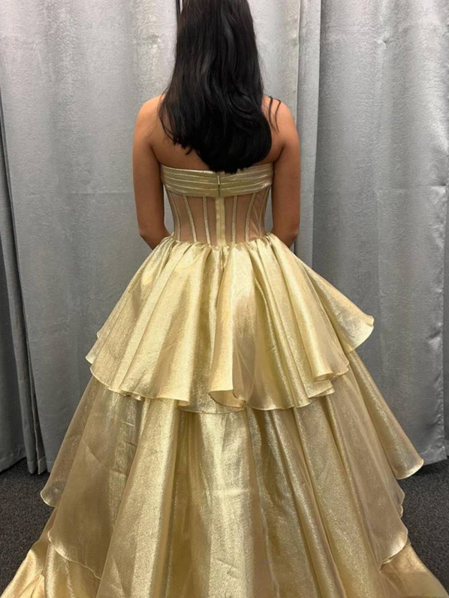 Ball Gown Strapless Organza Long Prom Dresses with Bow
