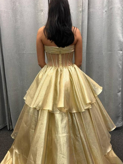 Ball Gown Strapless Organza Long Prom Dresses with Bow