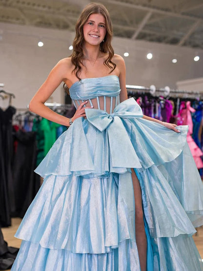 Ball Gown Strapless Organza Long Prom Dresses with Bow