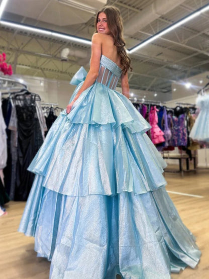 Ball Gown Strapless Organza Long Prom Dresses with Bow