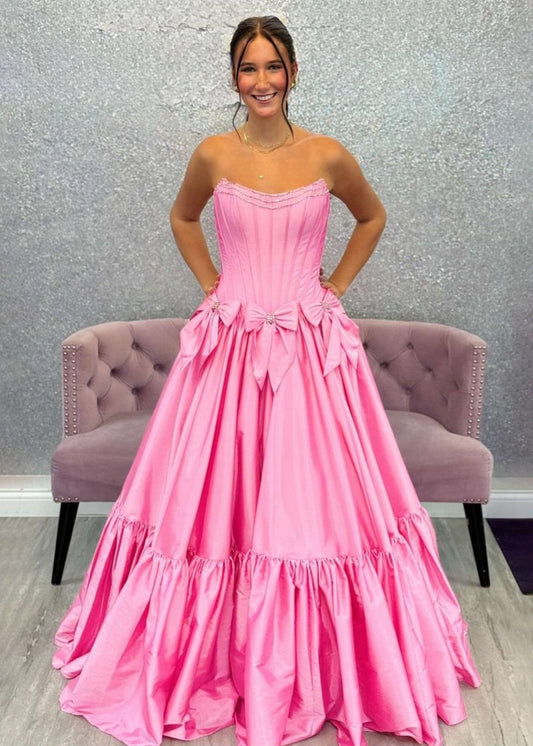 A-line Scoop Neck Satin Long Prom Dresses with Bow Knots
