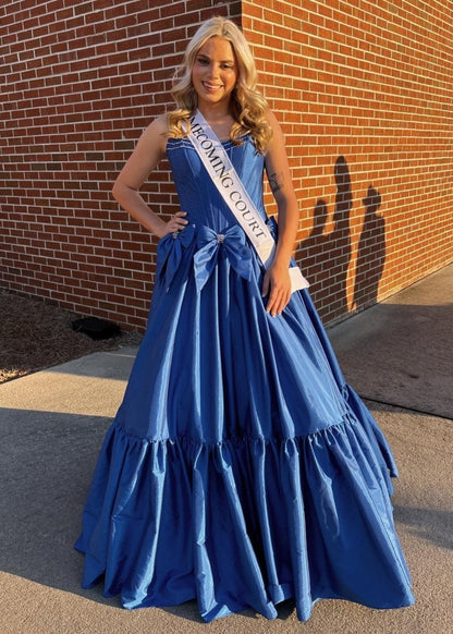 A-line Scoop Neck Satin Long Prom Dresses with Bow Knots