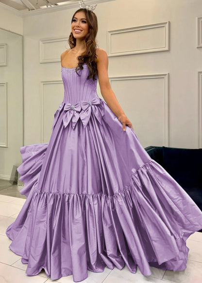 A-line Scoop Neck Satin Long Prom Dresses with Bow Knots