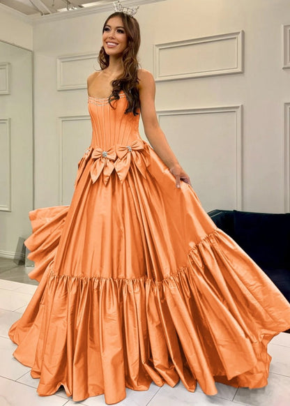 A-line Scoop Neck Satin Long Prom Dresses with Bow Knots