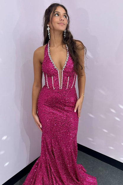 V Neck Halter Sequins Long Mermaid Prom Dresses with Beading