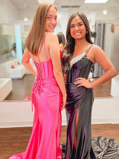 Mermaid V Neck Satin Long Prom Dresses with Beading