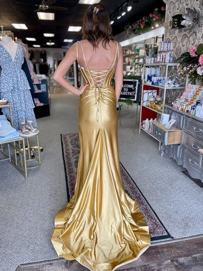Mermaid V Neck Satin Long Prom Dresses with Beading