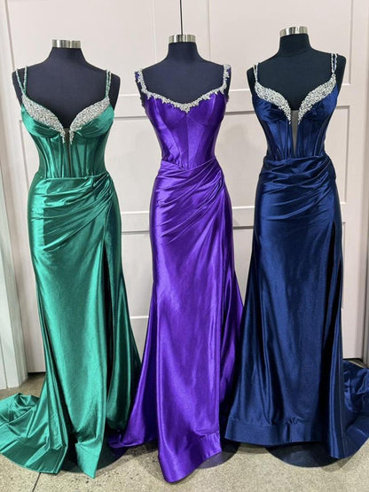 Mermaid V Neck Satin Long Prom Dresses with Beading