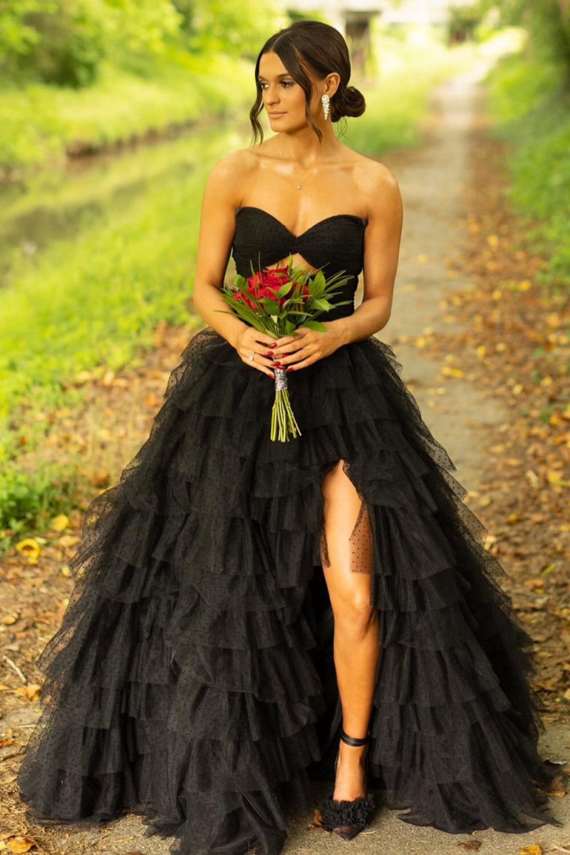A-line Tie Tulle Sweetheart Long Prom Dresses with Slit
