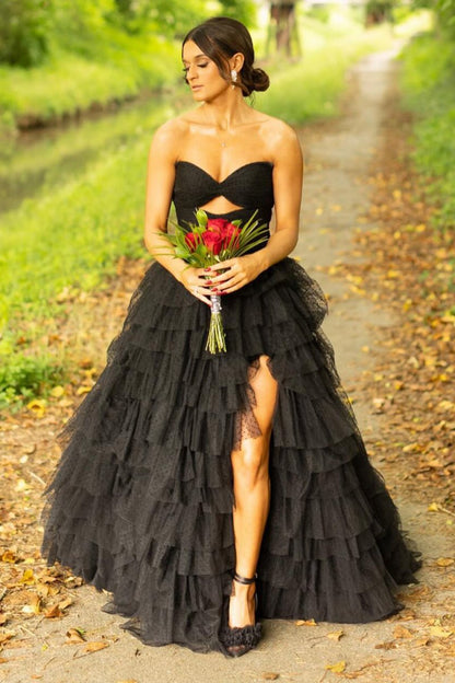 A-line Tie Tulle Sweetheart Long Prom Dresses with Slit