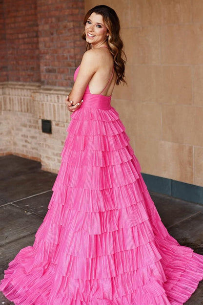 Pleated Straps Ruffle Layered Formal Dresses
