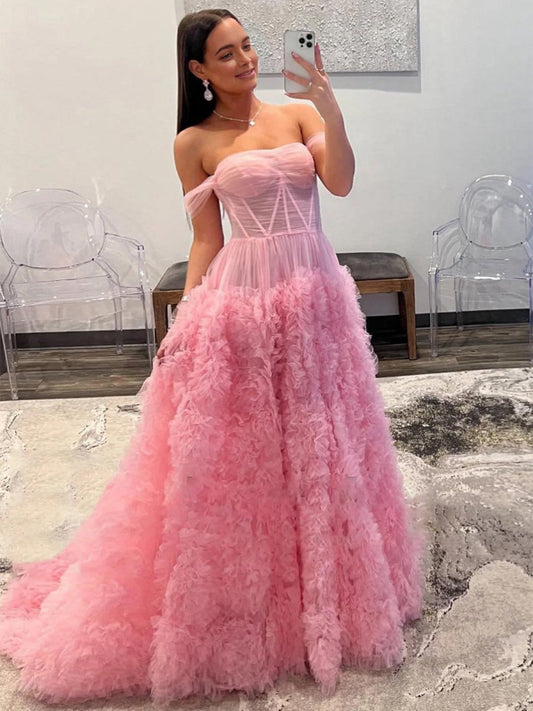 Gorgeous A-line Off the Shoulder Long Tulle Prom Dresses with Slit