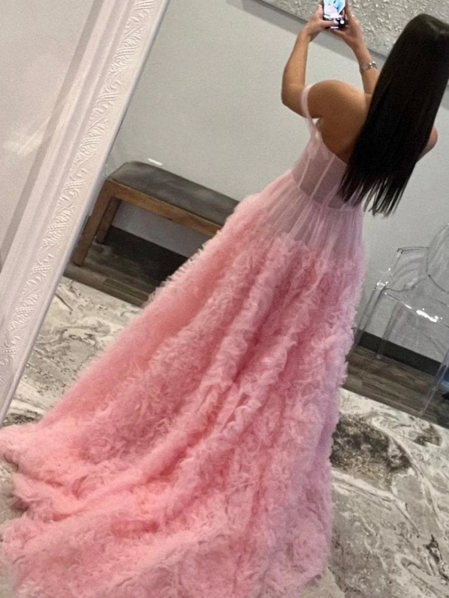 Gorgeous A-line Off the Shoulder Long Tulle Prom Dresses with Slit