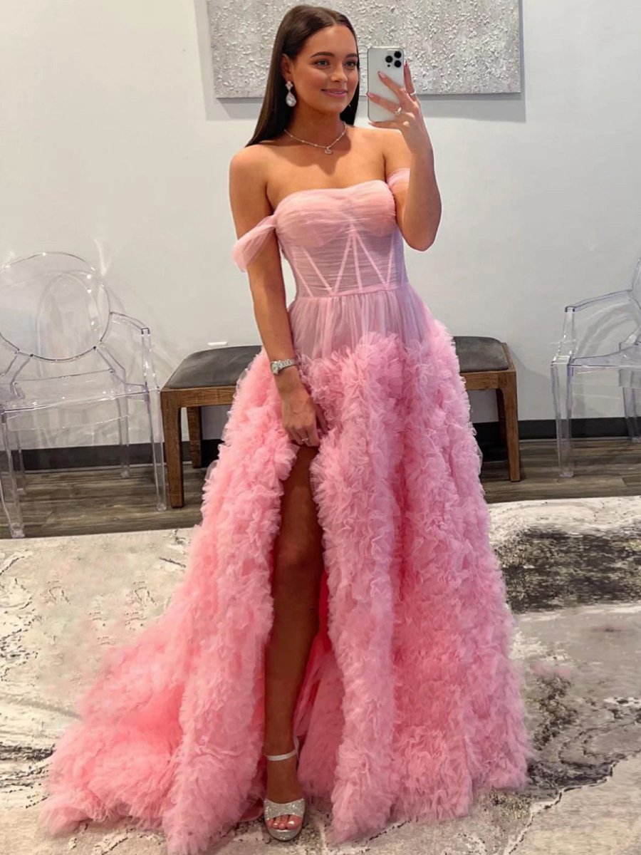 Gorgeous A-line Off the Shoulder Long Tulle Prom Dresses with Slit