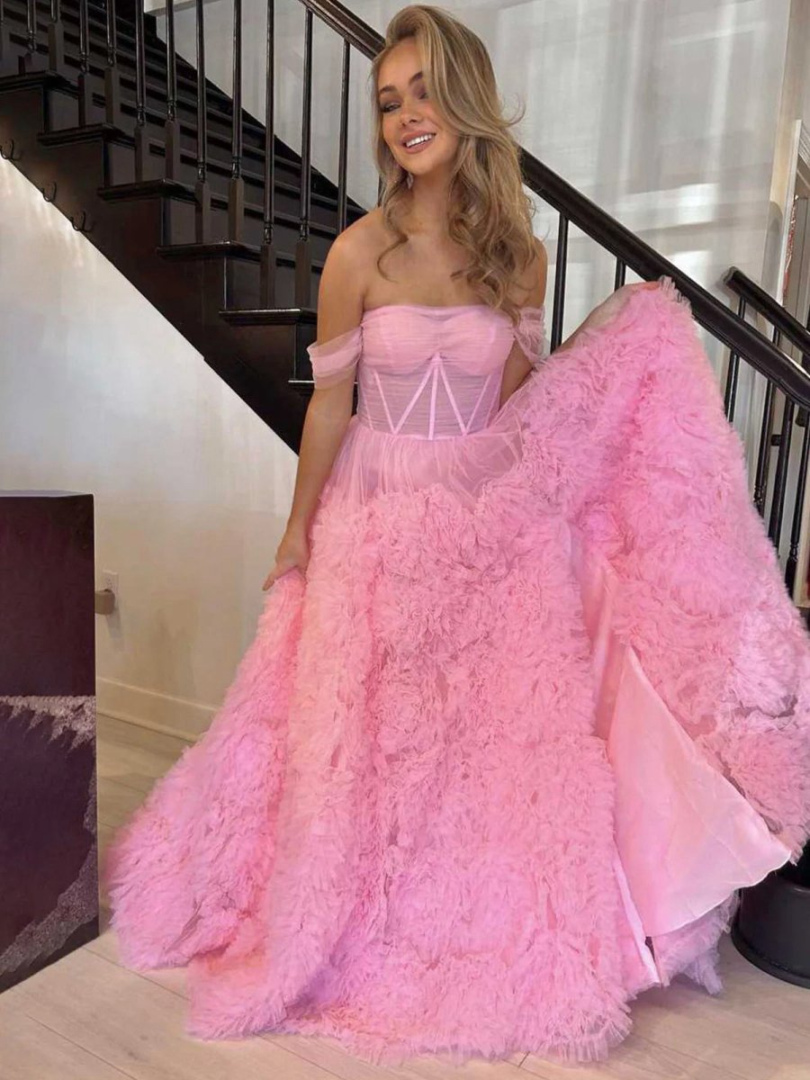 Gorgeous A-line Off the Shoulder Long Tulle Prom Dresses with Slit