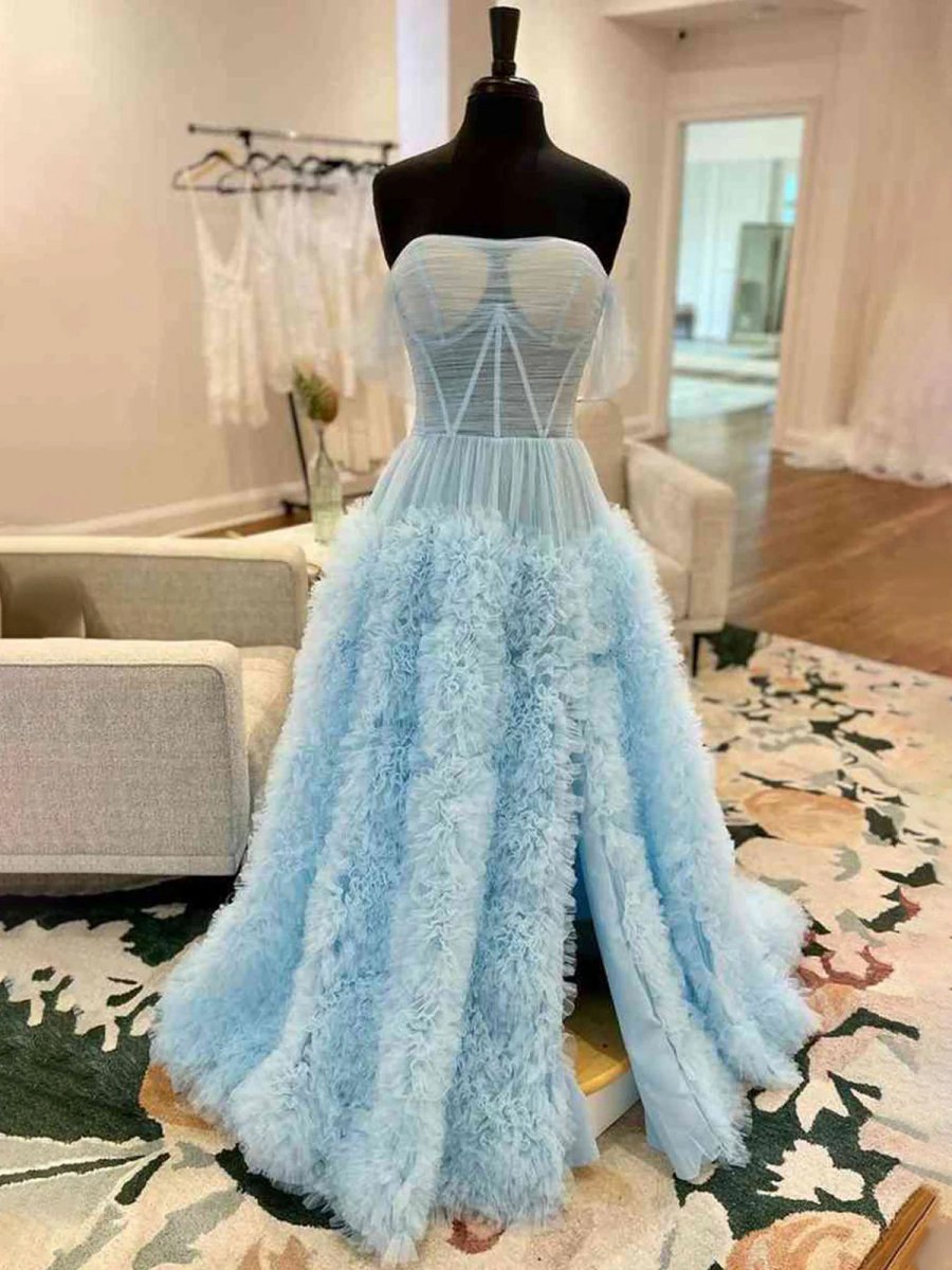 Gorgeous A-line Off the Shoulder Long Tulle Prom Dresses with Slit