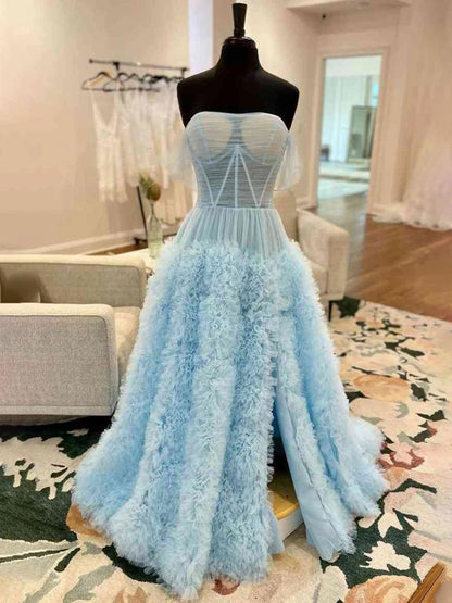 Gorgeous A-line Off the Shoulder Long Tulle Prom Dresses with Slit